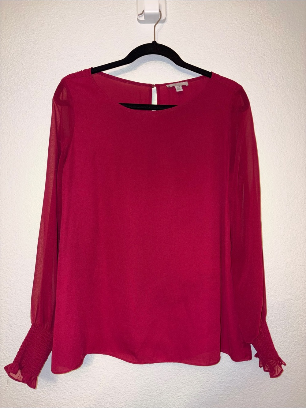 HALSTON Red Sheer Long Sleeve Smocked Cuff Blouse M